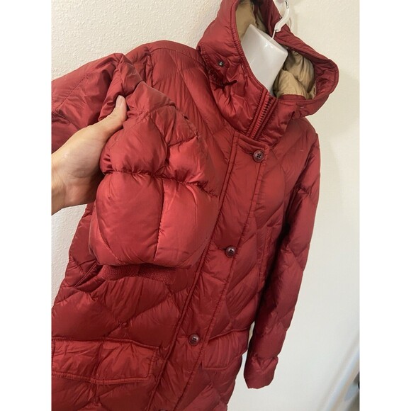 Abercrombie Fitch Down Quilted Jacket Medium Burgundy Womens Hooded Long Button - Picture 8 of 16